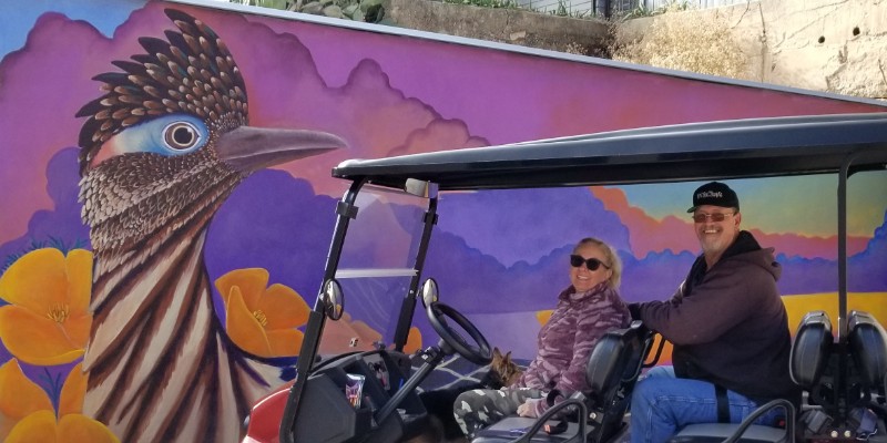 Middle aged couple on a golf cart tour in front of colorful Bisbee street art